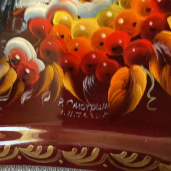 Russian hand painted artist signed Enamel on metal small tray Bird & berries - Picture 3 of 8